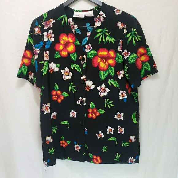 Worthington Tops - VTG Worthington Tropical Hibiscus Blouse 16 Black Hawaiian Button Up Plus Top